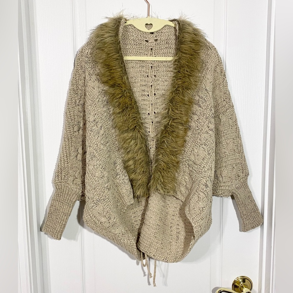Faux Fur Collar Tie Back Open Front Knit Cardigan Sweater Tan Size XS